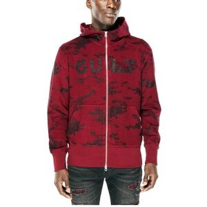 CULT OF INDIVIDUALITY Printed Split Zip Hoodie Burgundy Camo Sweatshirt Mens
